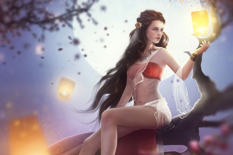 fantasy girl, fantasy art, long hair, Moon