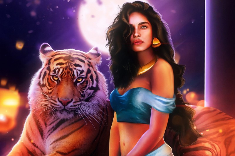 fantasy girl, tiger, long hair, animals, Aladdin, Jasmine