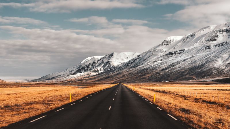 road, mountains, iceland, marking, asphalt, 4k