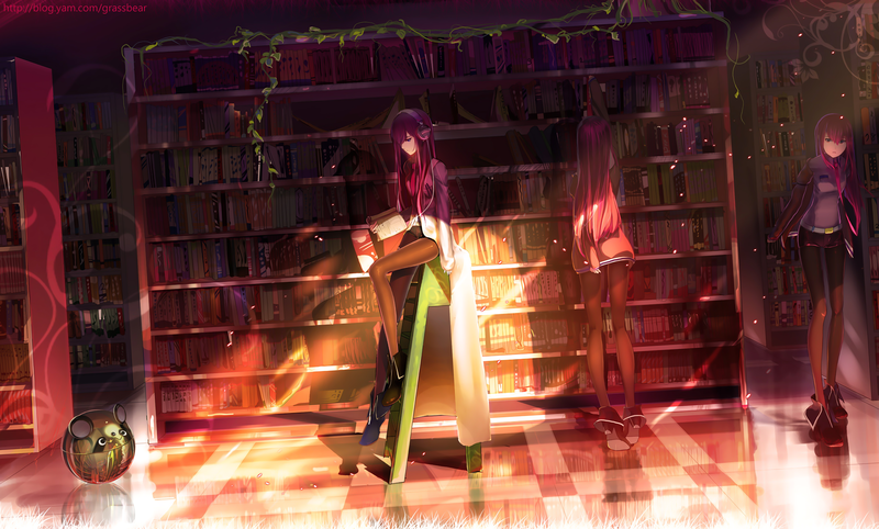 anime, anime girls, Steins;Gate, Makise Kurisu, fan art, redhead, library, natural light, sun rays, white skin, casual