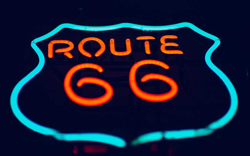 neon lights, Route 66, night, signs, dark, red, cyan