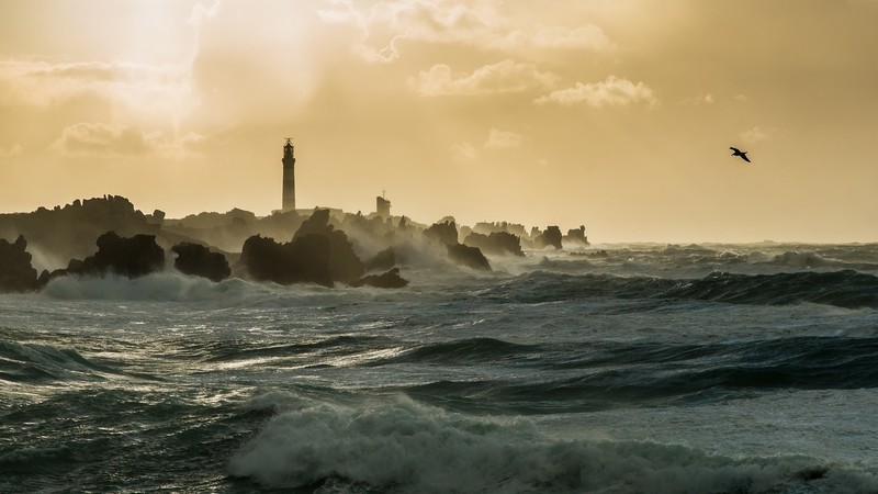 sea, waves, coast, lighthouse, rocks, clouds, sunlight, mist, landscape