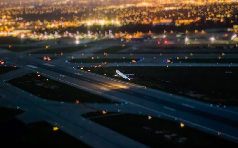 tilt shift, airplane, airfield, city lights, night, minimalism, runway, aerial view