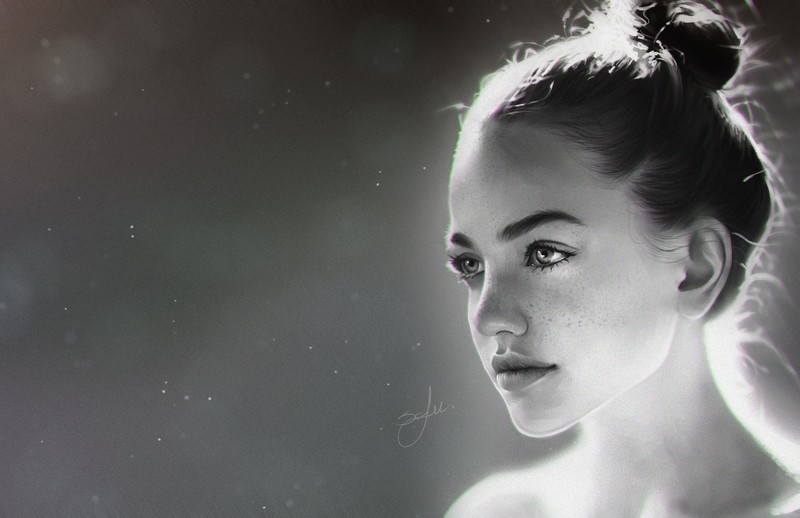 monochrome, portrait, face, artwork, women