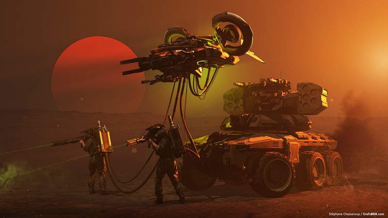 digital art, astronaut, vehicle, space, weapon, science fiction, Stephane Chasseloup