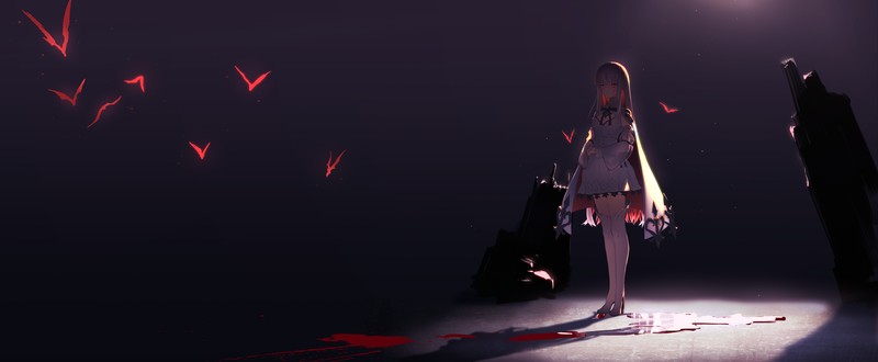 original characters, anime, anime girls, blood, cape, long hair, red eyes, thigh-highs, white hair, bats, high heels, dark, shadow, standing, blue background