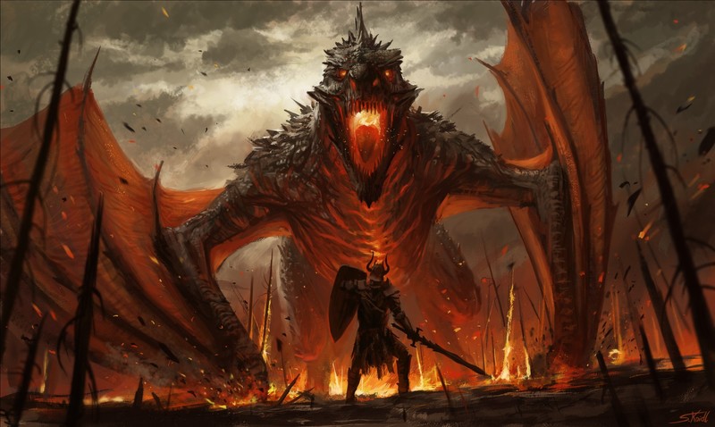 digital art, warrior, dragon, fire, giant, Stefan Koidl, low-angle