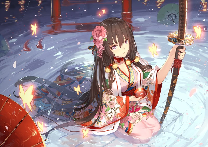 anime girls, anime, original characters, MusyneXSK, brunette, katana, sword, fantasy girl