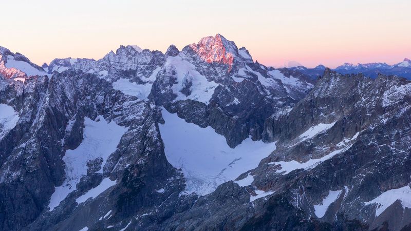 mountains, peaks, snowy, sky, 4k