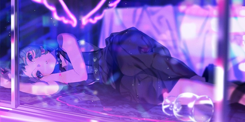 anime girls, anime, original characters, blue hair, purple eyes, digital art