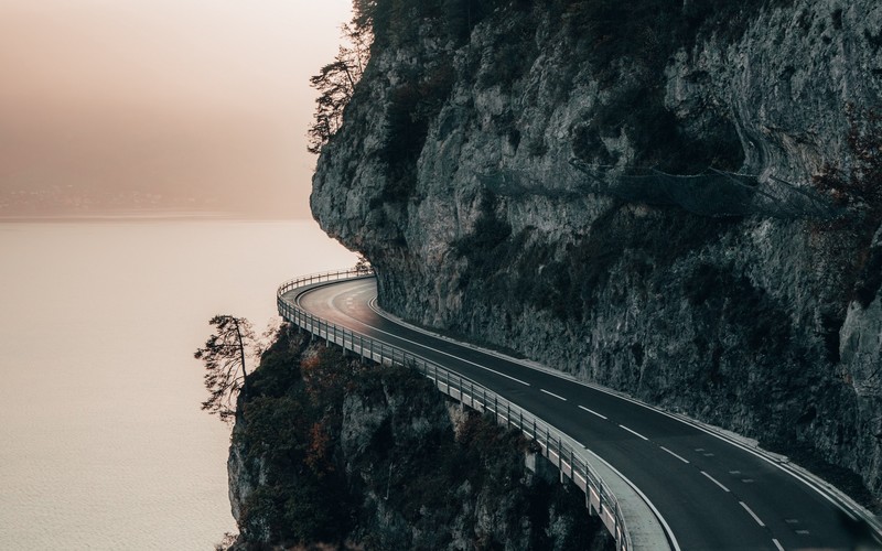 landscape, nature, road, mountains, cliff, sea, Switzerland