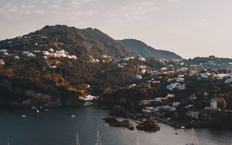 landscape, nature, lake, boat, mountains, building, bay