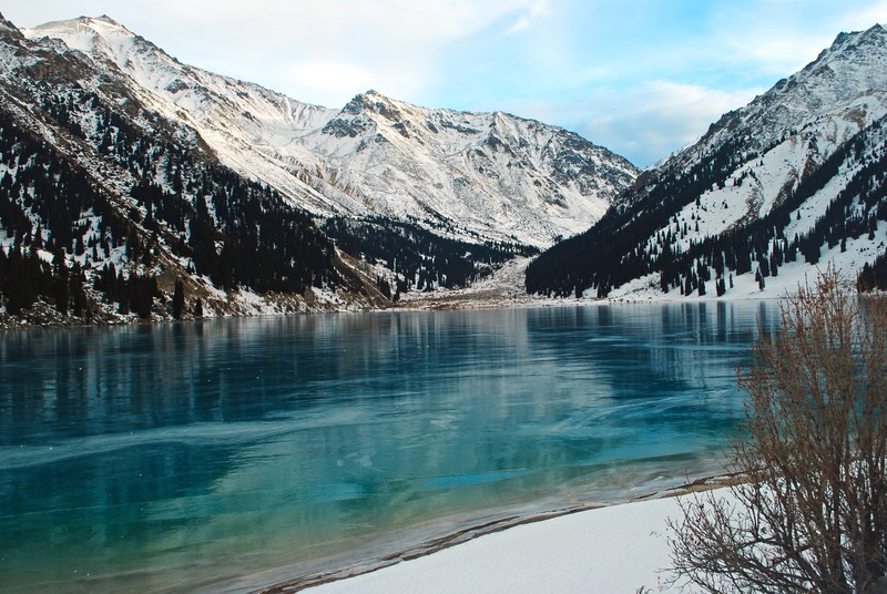 mountains, clear sky, peaceful, snow, landscape, winter, lake, snowy mountain