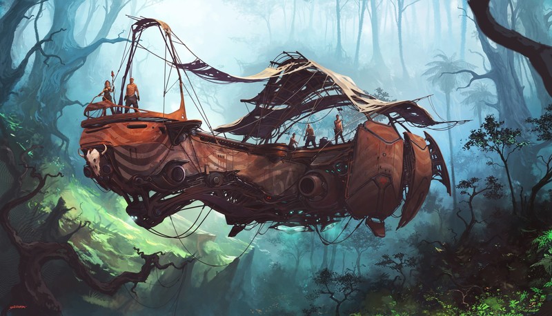 ship, skull, forest, futuristic, trees, mist