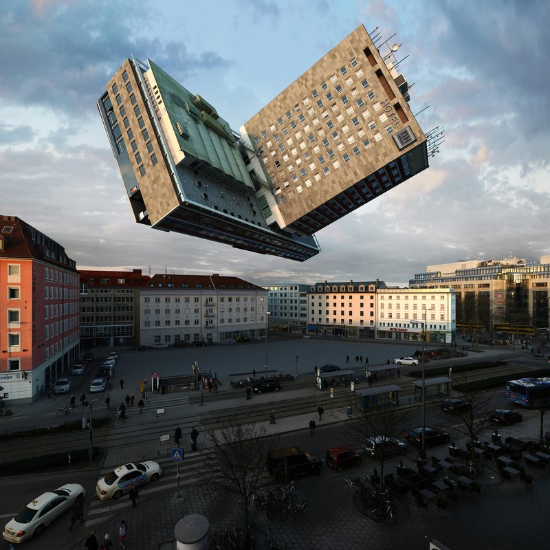 architecture, building, Victor Enrich, surreal, Photoshop, digital art, photo manipulation, city, town square, floating, people, car, street