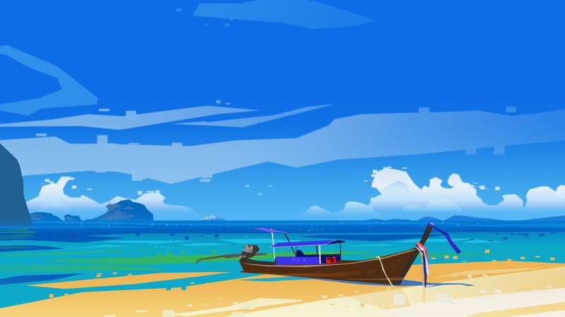 MLeth, landscape, artwork, boat, sky, blue, beach