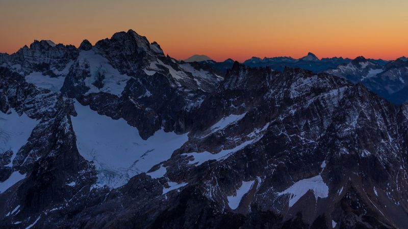 mountains, peaks, snowy, sunset, evening, sky, 4k