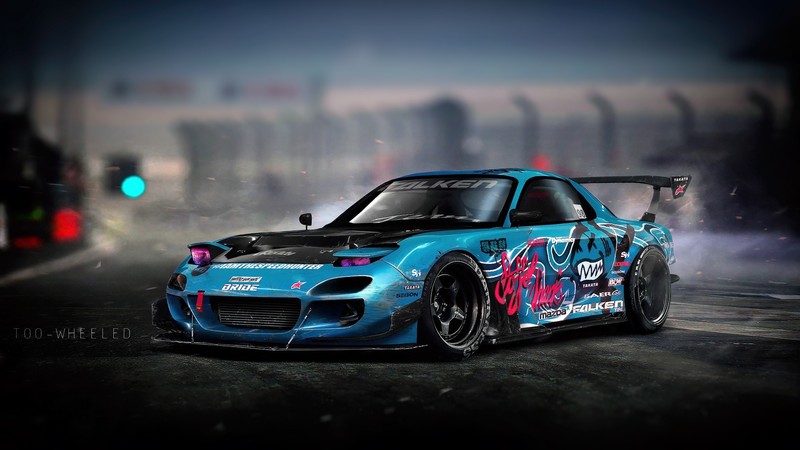 car, vehicle, Mazda, Mazda RX-7, blue cars, pop-up headlights, Mazda RX-7 FD, front angle view, colored wheels