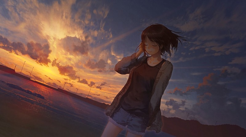 beach, sunset, anime girls, anime, sunlight, sky, outdoors