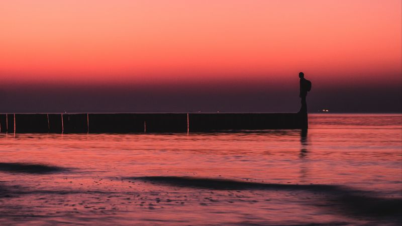 pier, sunset, loneliness, sea, horizon, 4k