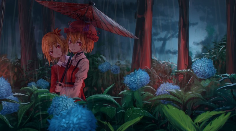 minoriko aki, Touhou, shizuha aki, anime girls, umbrella, red eyes, plants, nature, flowers, blue flowers