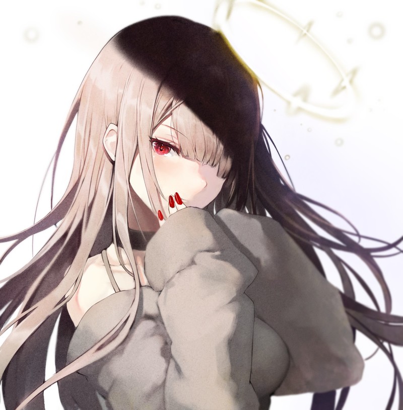 anime, anime girls, painted nails, red eyes, long hair