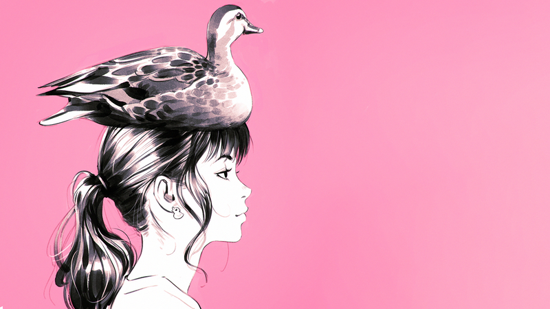 pink, Ilya Kuvshinov, duck, anime girls, drawing, digital art, ponytail, anime, face, profile, pink background