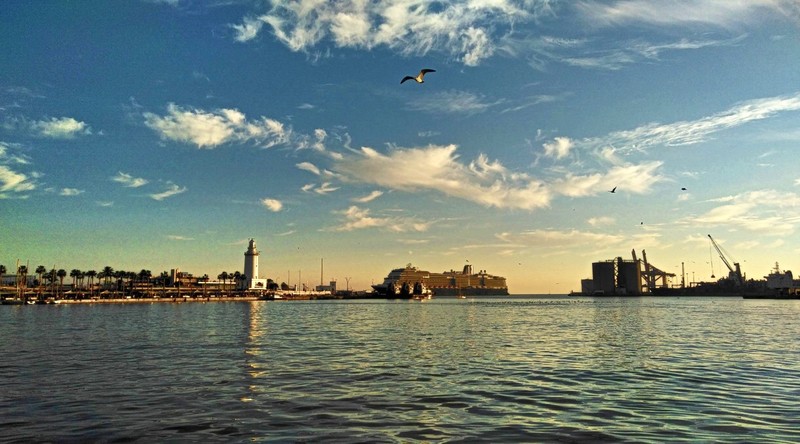 Malaga, seagulls, sunset, lighthouse, waves
