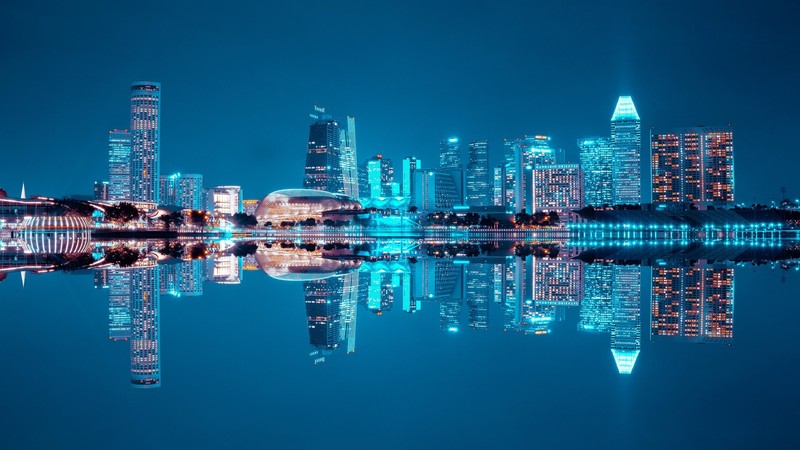 reflection, night, lights, photography, cityscape, architecture, building, skyscraper, blue