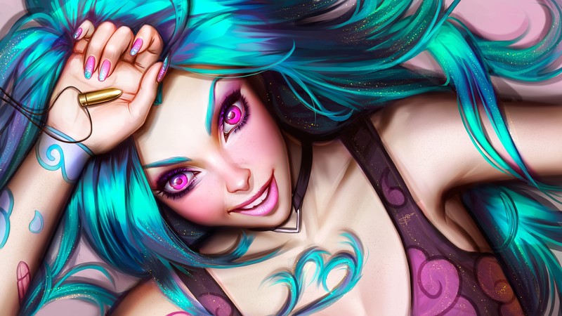 digital art, women, blue hair, bullet, smiling, fantasy girl, Jinx (League of Legends), video games, cyan hair