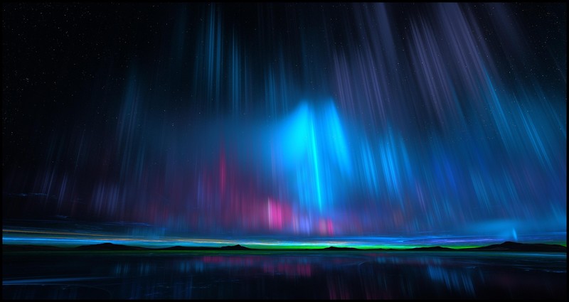 landscape, mountains, aurorae, night, space, digital art, cyan