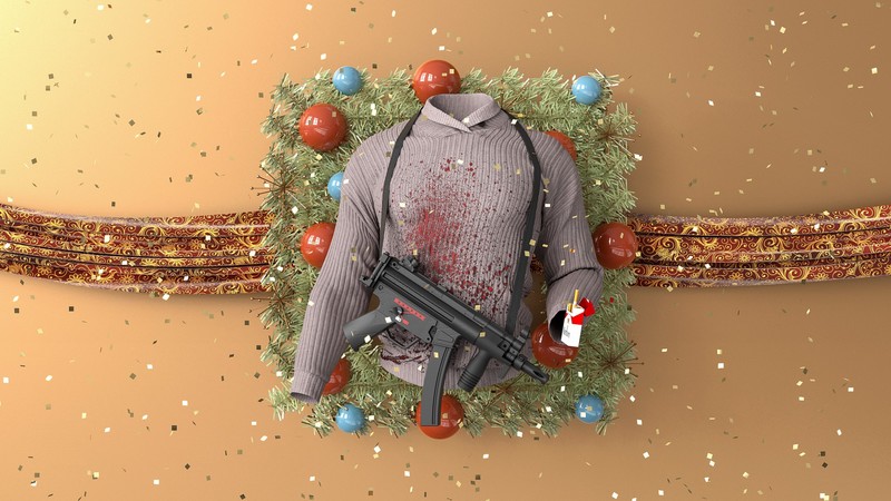 Christmas, sweater, Marlboro, Heckler & Koch, confetti, movies, plants, balls, 3D, CGI, digital art, concept art, blood spatter, blood stains, gun