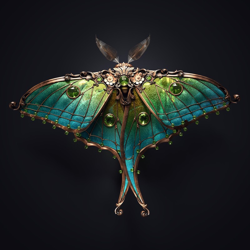 Sasha Vinogradova, jewel, 3D, render, insect, ornamented, copper, black background