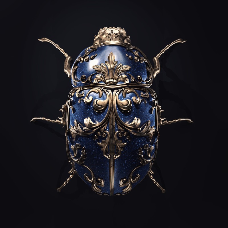Sasha Vinogradova, jewel, 3D, render, insect, bug, ornamented, copper, black background, Beetle