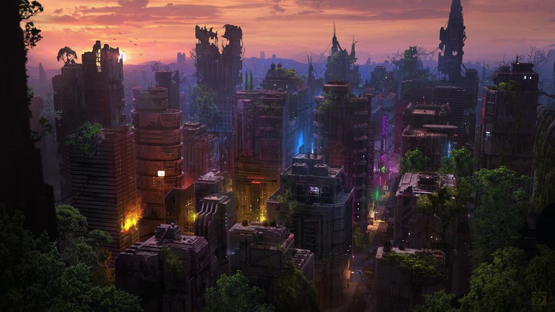 digital art, city, futuristic, fantasy art, building, sunset, science fiction, ruins