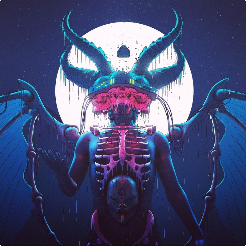 digital art, demon, futuristic, fantasy art, skeleton, wings, Moon, cyberpunk, horns, robot