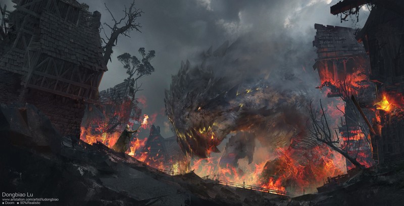 dragon, men, fire, artwork, digital, concept art, ruins, fantasy art, village, creature