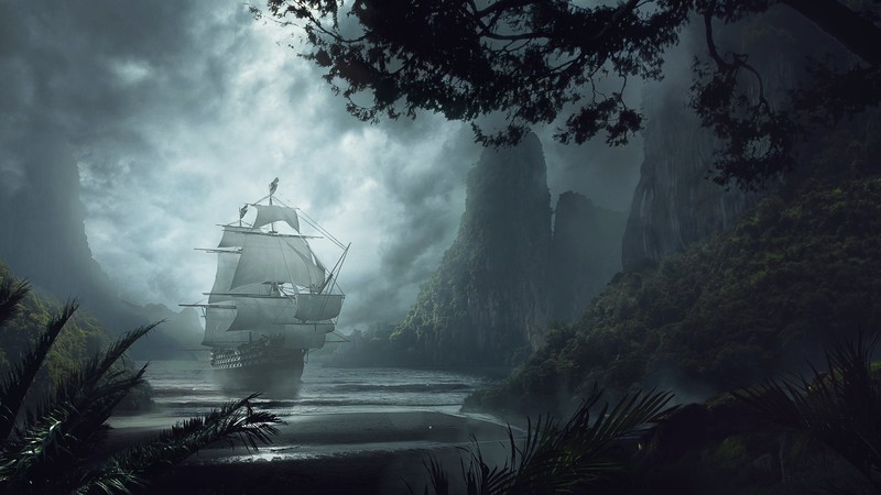 Sasha Vinogradova, ship, sea, water, mist, island, nature, pants