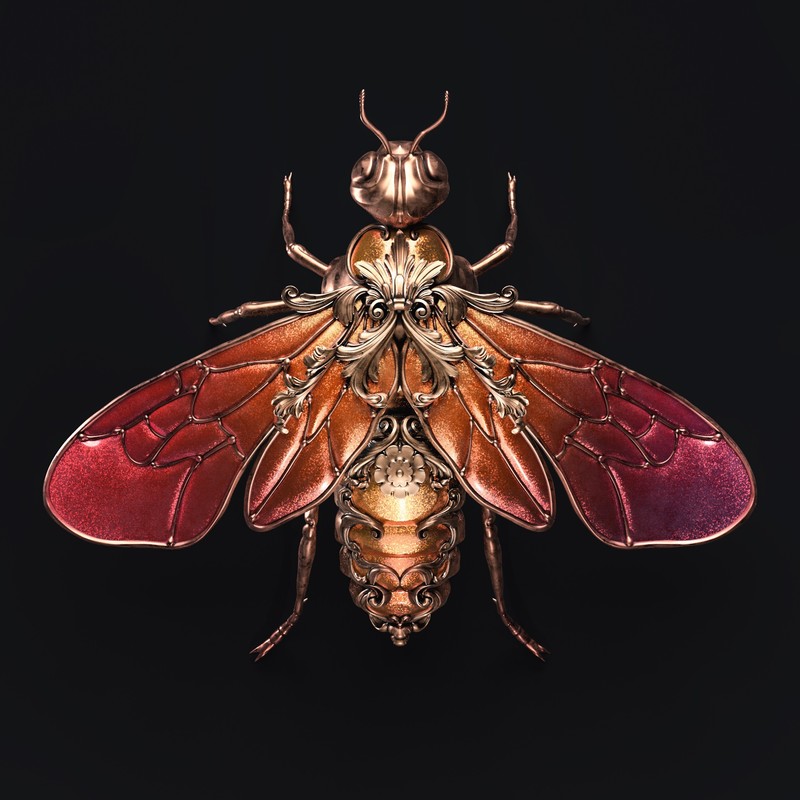 Sasha Vinogradova, jewel, 3D, render, insect, ornamented, copper, black background