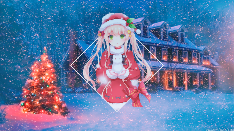 anime, anime girls, picture-in-picture, Christmas, Santa hats