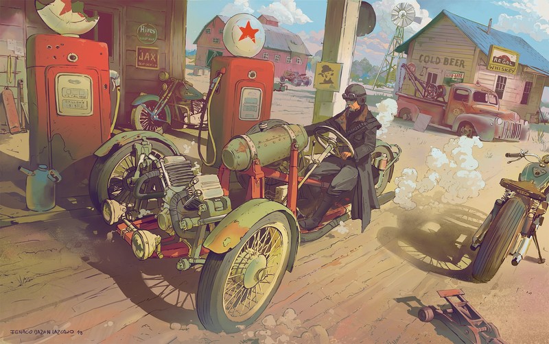 digital, race cars, men, artwork, Gas station, car, vehicle