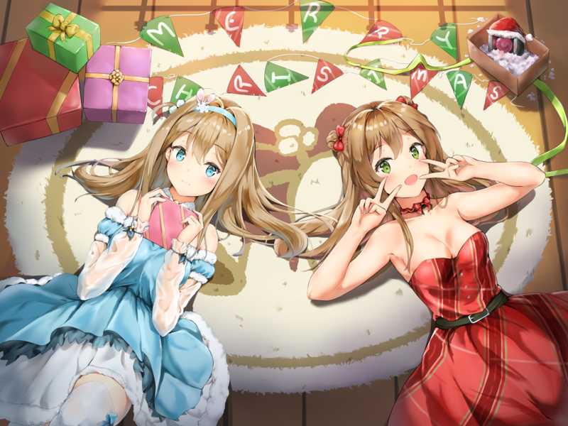 anime girls, long hair, hair ornament, blue eyes, green eyes, blushing, presents, anime, brunette, boobs, Christmas, dress