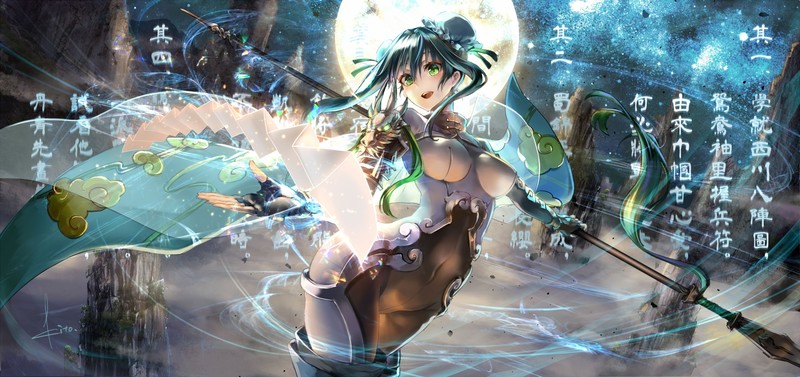 anime girls, blue hair, long hair, green eyes, smiling, big boobs, anime, Fate/Grand Order, cyan hair