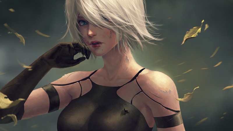 fantasy girl, women, blonde, Nier: Automata, digital art, leaves, video games, futuristic, blue eyes, A2 (Nier: Automata)