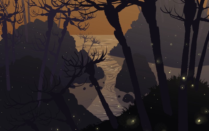 artwork, trees, forest, fireflies