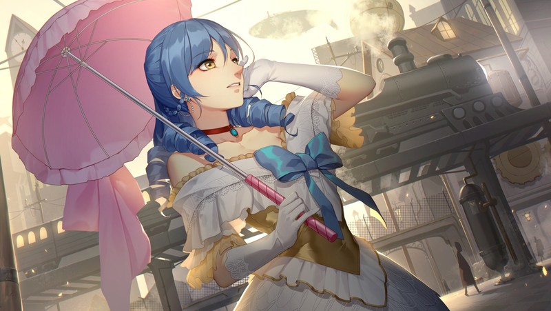 anime girls, artwork, 2D, digital art, illustration, women, looking away, bare shoulders, blue hair, gloves, portrait, train, Zeppelin, umbrella, dress, original characters, Thankstar404, anime