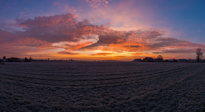 nature, landscape, sunrise, orange sky, Poland, village, fall