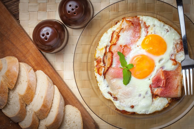 bacon, bread, eggs, food