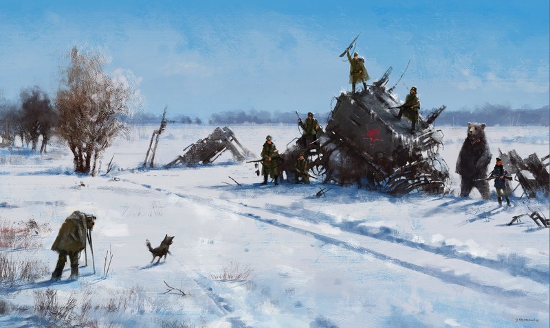 digital art, army, soldier, robot, animals, winter, photographer, fictional, landscape, Jakub Różalski, Iron Harvest