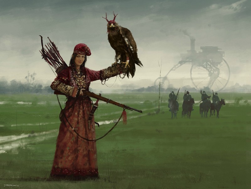 digital art, women, warrior, weapon, arrows, birds, army, horse, landscape, painting, Jakub Różalski, Iron Harvest